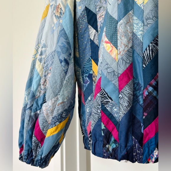 💌SOLD💌 Vintage 90s Handmade Quilted Cotton Bomber Zip Up Jacket in Blue Pink - Picture 3 of 3